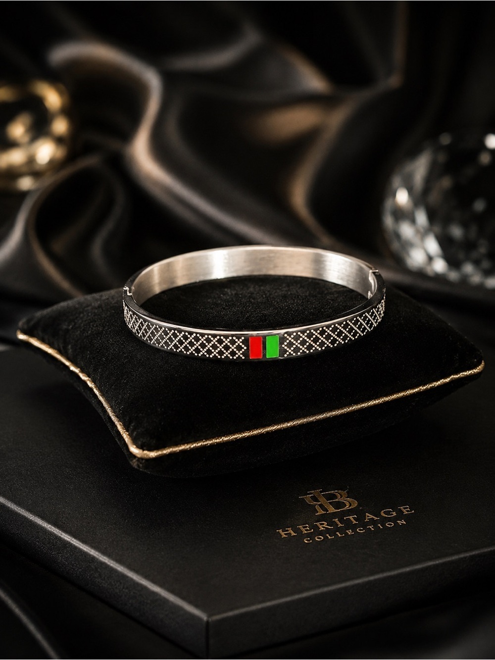 Luxury Silver Bangle Bracelet with Red and Green Accents